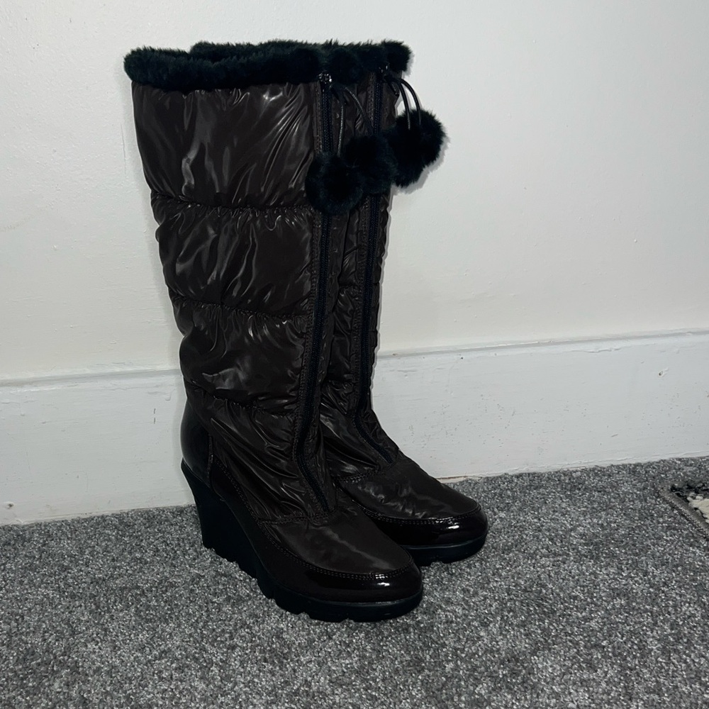 Chocolate Brown Quilted Knee-High Boots with Pom Poms - Picture 2 of 8